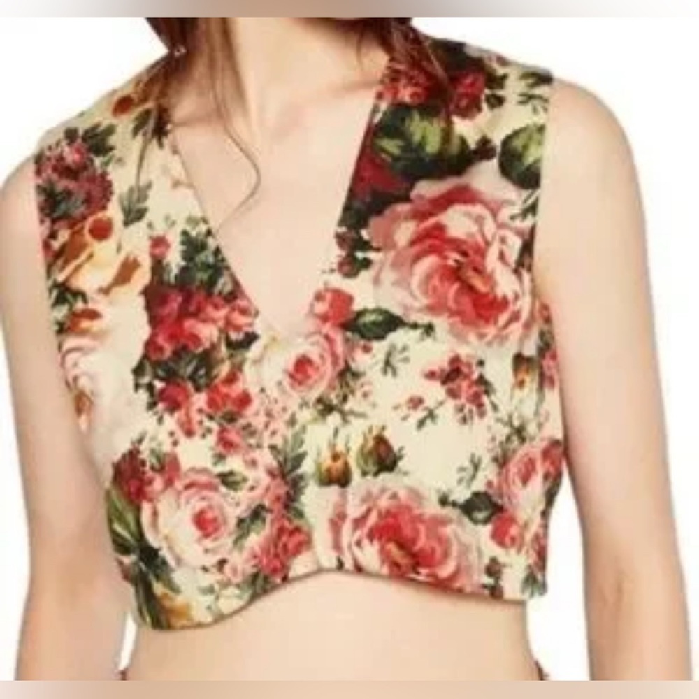 NWT Zara v-neck crop top, cream/green/pink brocade floral design, zip back; XS - Picture 8 of 8